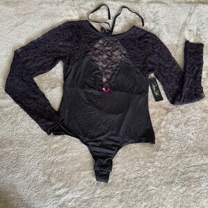 NWT Rene rofe Black and Purple Lace Bodysuit Size S